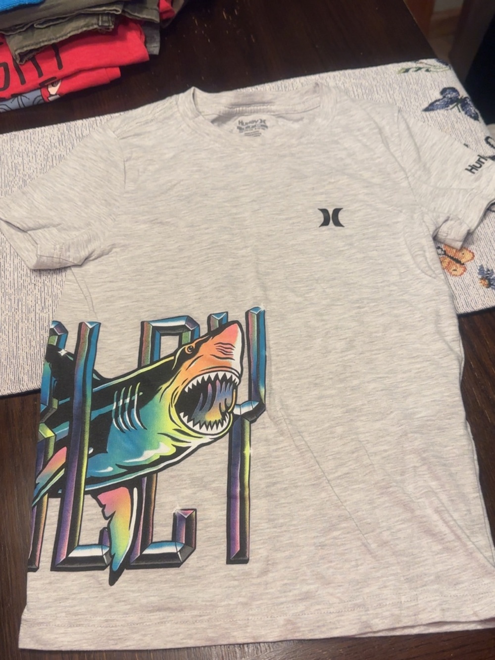 Hurley Light Gray Tee with Neon Multi Shark Graphic